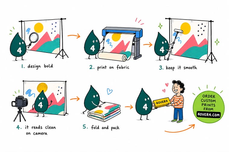 Wally, the 4OVER4 mascot with a 4, pressing a transfer sheet onto a polyester backdrop while a camera flash bounces harmlessly off the matte cloth