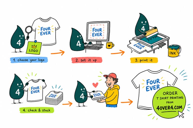 Wally, the 4OVER4 mascot holding a 4, pressing a clean logo onto the chest of a t-shirt