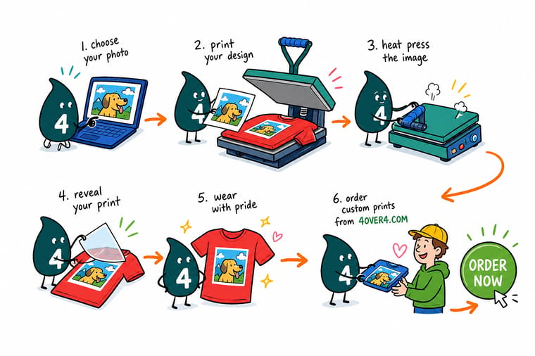 Wally, the 4OVER4 mascot holding a 4, pressing a bright photo onto a t-shirt that stays soft and sharp