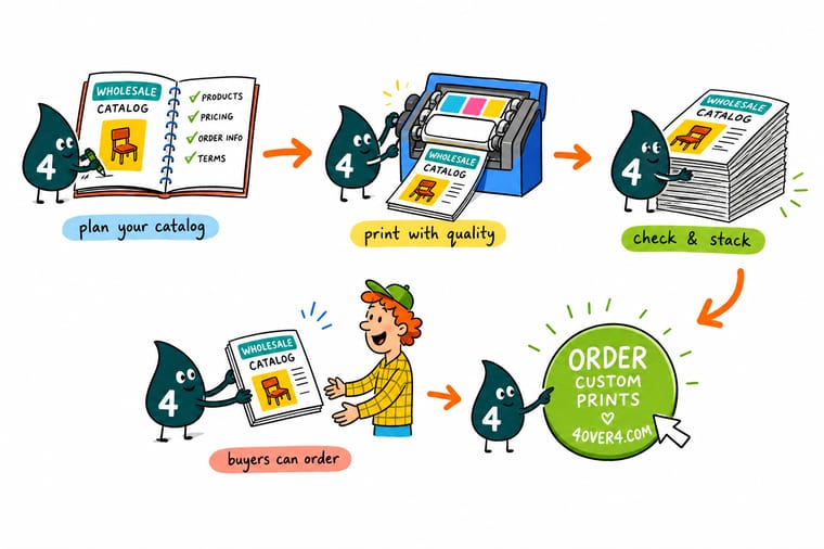 Wally, the 4OVER4 mascot with a 4, counting catalog pages in fours and stapling the spine while a buyer fills in an order form