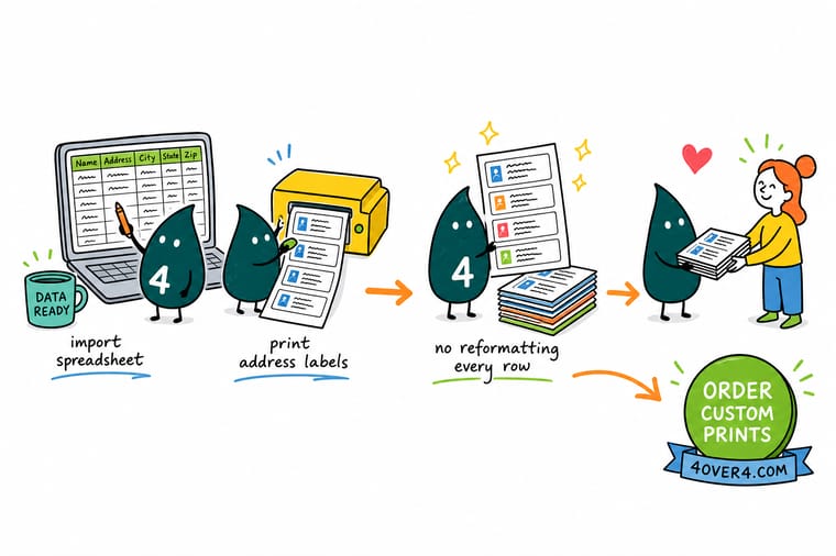 Wally, the 4OVER4 mascot with a 4, splitting a messy address list into neat columns and peeling a printed label onto an envelope