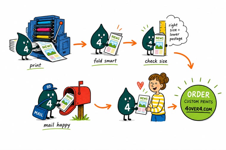 Wally, the 4OVER4 mascot with a 4, folding a newsletter to letter size, sticking two tabs on the open edge and dropping it into a USPS bin