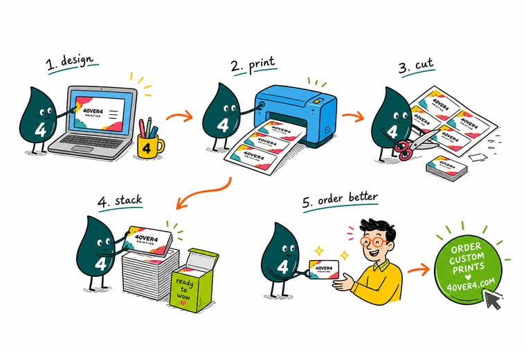 Wally, the 4OVER4 mascot holding a 4, comparing a thin home-printed card with a heavy full-bleed pressed card