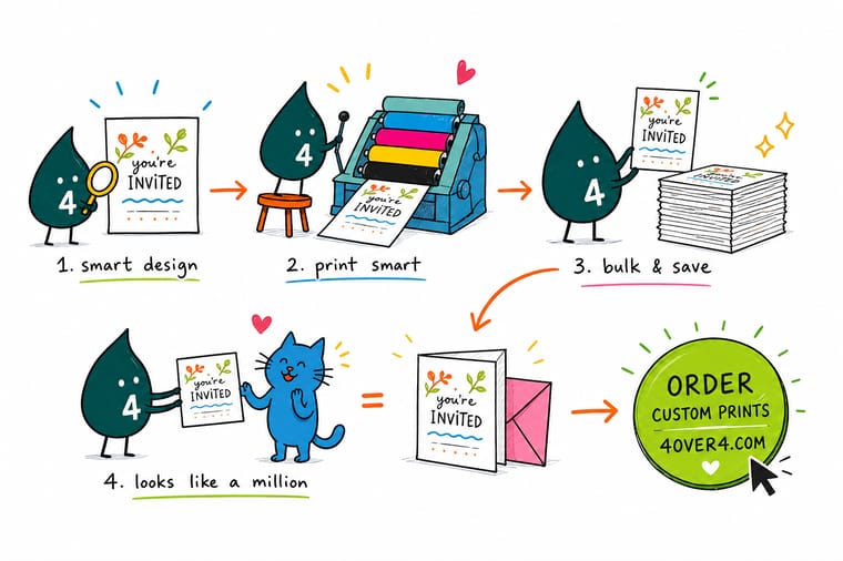 Wally, the 4OVER4 mascot with a 4, holding a plain flat invitation flooded with deep color next to a stack of blank envelopes and a calculator