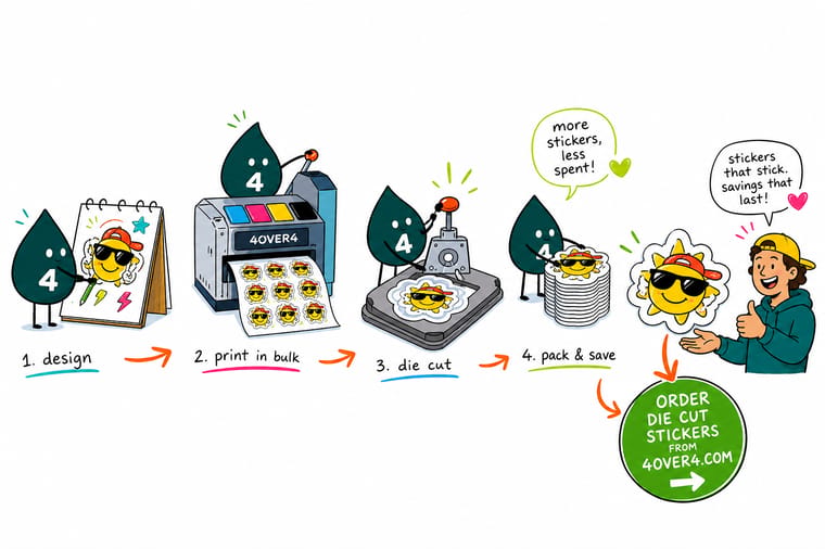 Wally, the 4OVER4 mascot holding a 4, stacking a big pile of stickers as the price per sticker drops
