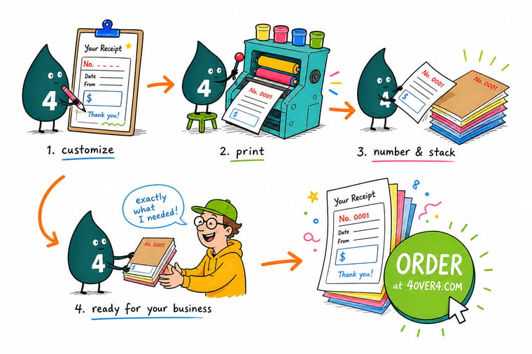 Wally, the 4OVER4 mascot with a 4, writing on the top sheet of a numbered carbonless receipt book while the canary and pink copies below fill in with the same words