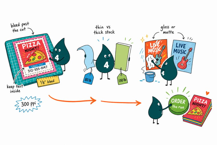 Wally, the 4OVER4 mascot with a 4, holding a flyer over a cutting line and showing the bleed band running past the edge