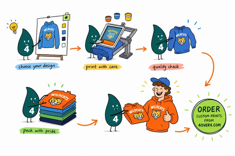 Wally, the 4OVER4 mascot with a 4, measuring the front of a hoodie between the hood seam and the kangaroo pocket before printing