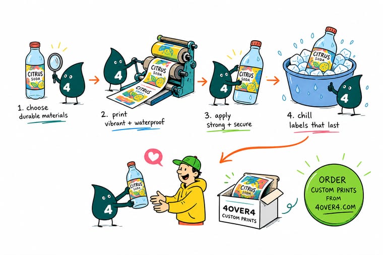 Wally, the 4OVER4 mascot with a 4, wrapping a waterproof label around a cold bottle sitting in an ice bucket while a roll of labels feeds a bottling line behind him