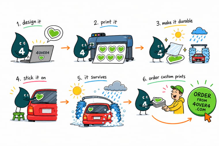 Wally, the 4OVER4 mascot with a 4, squeegeeing a laminated vinyl bumper sticker onto a car while rain and sun bounce off it
