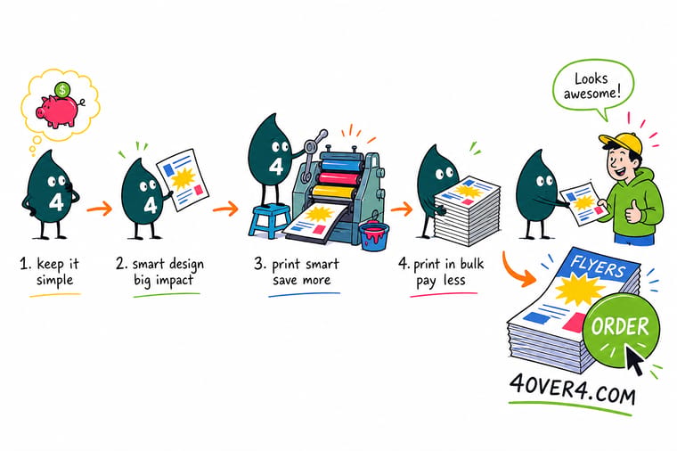 Wally, the 4OVER4 mascot holding a 4, pushing a big stack of flyers as a price tag drops when the quantity grows