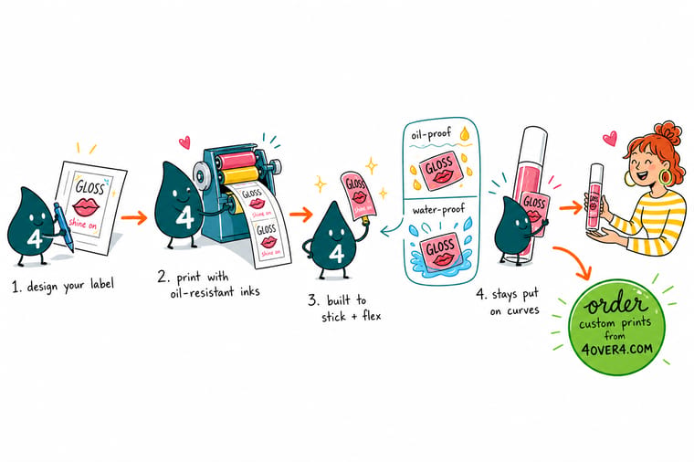 Wally, the 4OVER4 mascot with a 4, wrapping a printed film label around a lip gloss tube and measuring the overlap