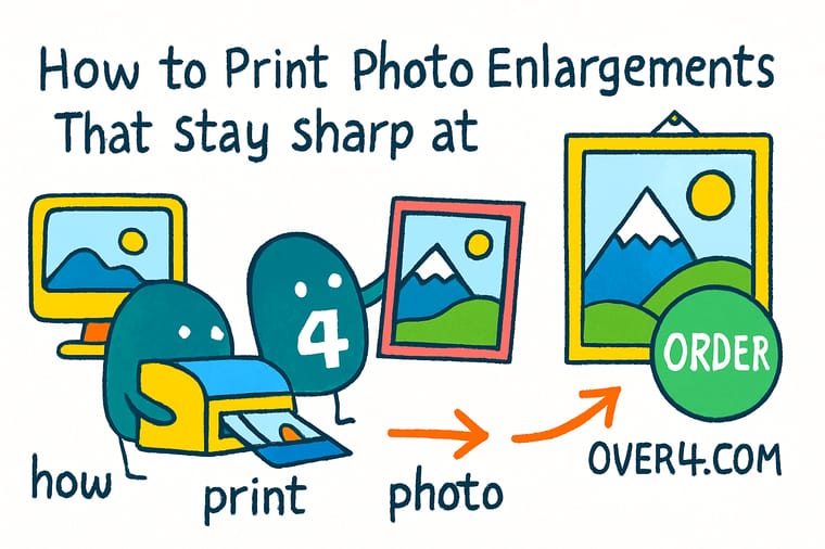 Wally, the 4OVER4 mascot with a 4, holding a tape measure against a large photo print while checking the pixel dimensions of the file
