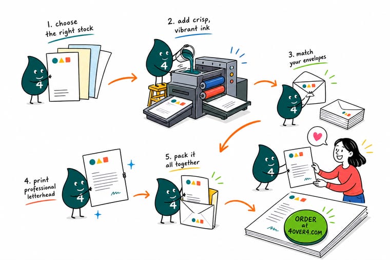 Wally, the 4OVER4 mascot with a 4, folding a printed letterhead into thirds and sliding it into a window envelope so the address lines up