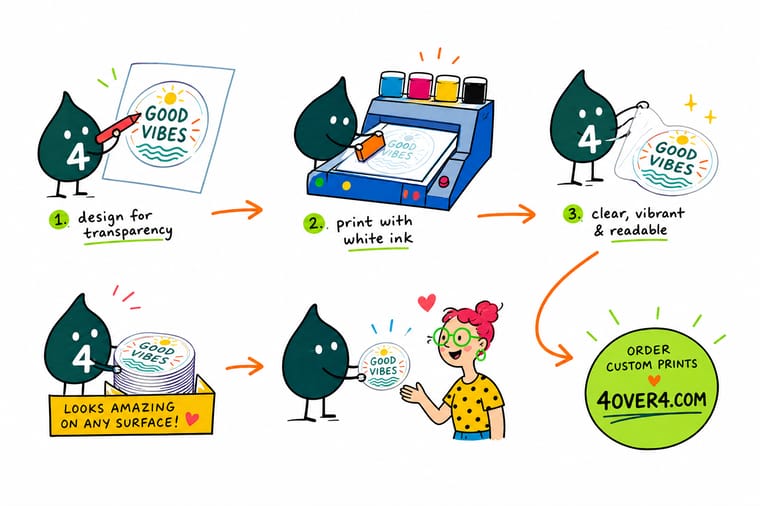 Wally, the 4OVER4 mascot with a 4, holding a clear sticker up to a dark box and sliding a white ink layer behind the logo so the color reads solid
