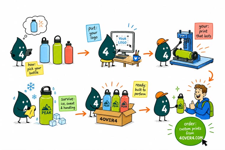 Wally, the 4OVER4 mascot with a 4, wrapping a printed logo label around a chilled water bottle and smoothing down the seam