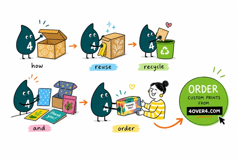 Wally, the 4OVER4 mascot with a 4, pressing the corner of a kraft box to test it, with a reuse stack on one side and a flattened recycling stack on the other