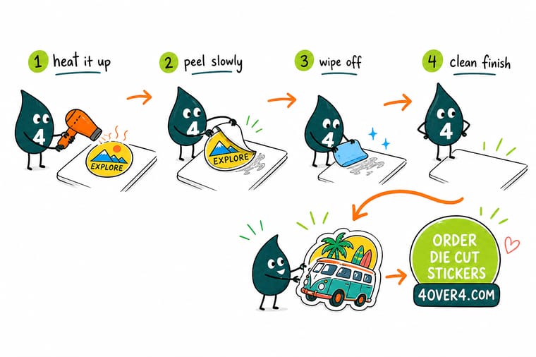 Wally, the 4OVER4 mascot holding a 4, warming an old sticker with a hair dryer and peeling it cleanly off a surface