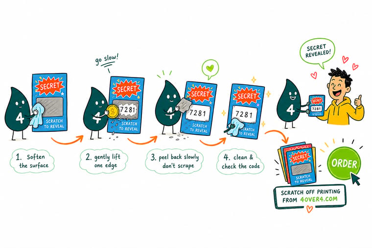Wally, the 4OVER4 mascot holding a 4, sliding a plastic card across a gift card to lift the scratch off coating and reveal a clean code
