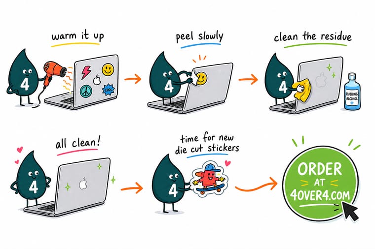 Wally, the 4OVER4 mascot holding a 4, gently peeling a sticker off a laptop lid at a low angle with a soft cloth nearby