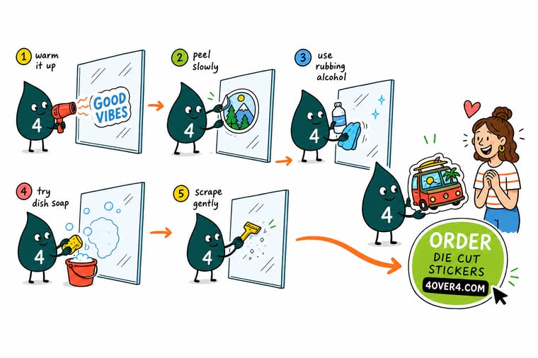 Wally, the 4OVER4 mascot holding a 4, easing a sticker off a pane of glass with a plastic scraper while a spray bottle and hairdryer wait nearby