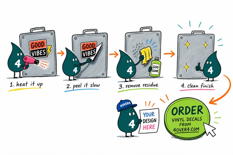 Wally, the 4OVER4 mascot holding a 4, warming a sticker off a metal panel and peeling it away in one clean piece
