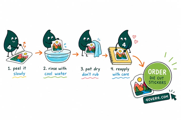 Wally, the 4OVER4 mascot holding a 4, warming a sticker and peeling it low and slow before pressing it onto a fresh surface, pointing to an order button