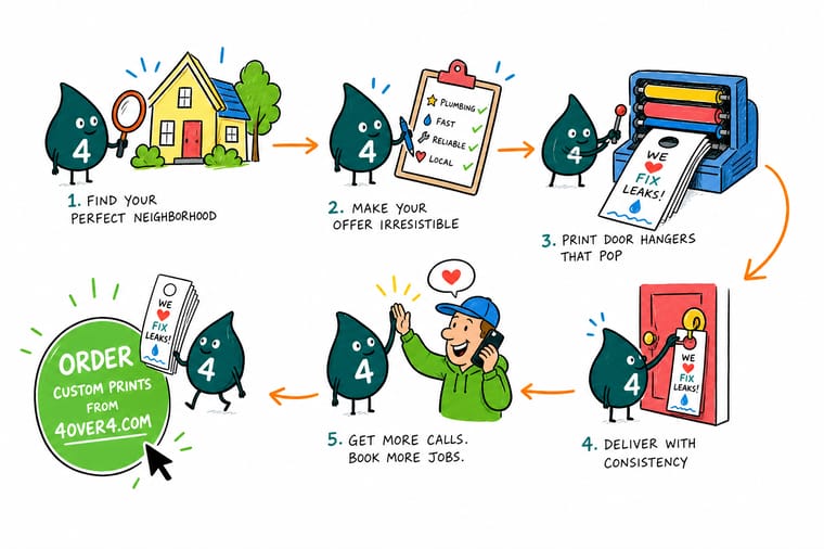 Wally, the 4OVER4 mascot with a 4, walking a street with a stack of door hangers, hanging one on a knob and marking the route on a map