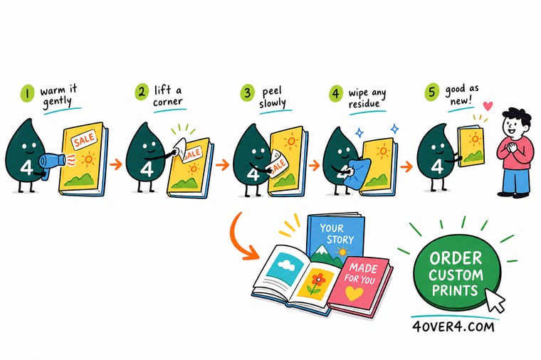 Wally, the 4OVER4 mascot holding a 4, gently warming a sticker on a book cover and peeling it back cleanly at a low angle