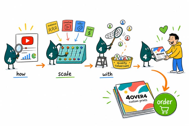 Wally, the 4OVER4 mascot with a 4, feeding a stack of fresh video hooks into a YouTube ad auction while the budget dial climbs one notch at a time