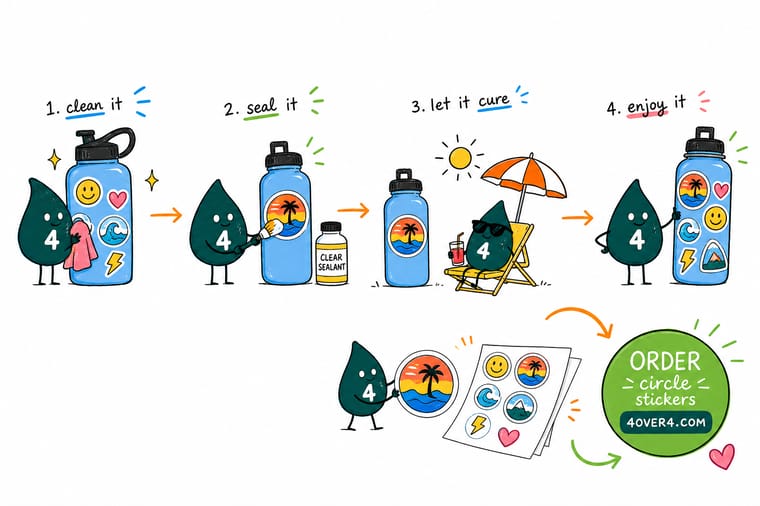 Wally, the 4OVER4 mascot holding a 4, smoothing a clear laminate over a sticker on a metal water bottle and pressing the edges down