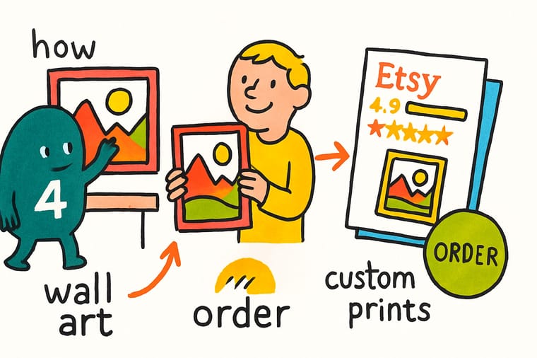 Wally, the 4OVER4 mascot with a 4, splitting a $65 Etsy wall art sale into print cost, postage, Etsy fees and what the seller keeps
