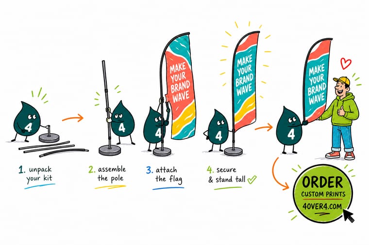 Wally, the 4OVER4 mascot holding a 4, assembling a feather flag by building the pole first, then sliding the printed flag over it and setting it in a base