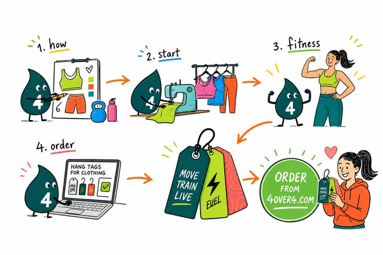Wally, the 4OVER4 mascot holding a 4, laying out a hang tag, a business card, and a banner around a folded fitness tee to launch a clothing line