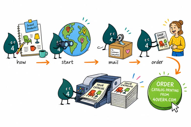 Wally, the 4OVER4 mascot with a 4, mailing a printed catalog that circles back around as an order