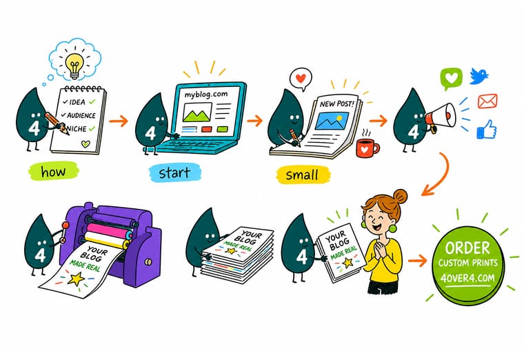 Wally, the 4OVER4 mascot holding a 4, linking a small business blog to printed QR business cards and flyers
