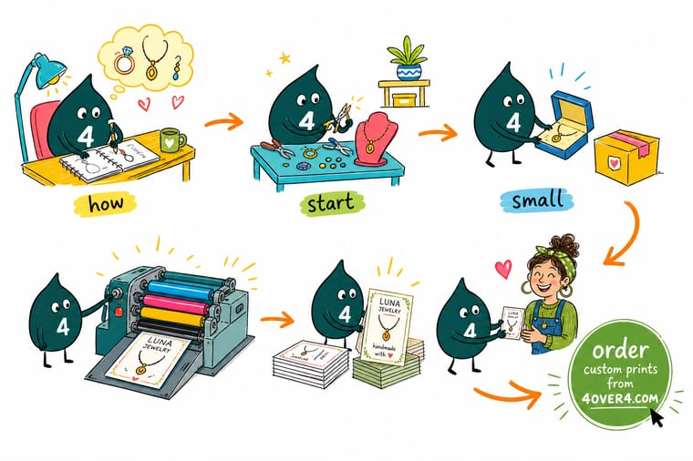 Wally, the 4OVER4 mascot holding a 4, arranging a matching jewelry hang tag, label, business card, and gift box