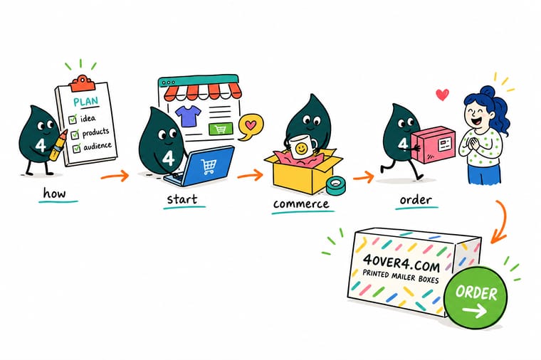 Wally, the 4OVER4 mascot with a 4, packing a branded mailer box for an online store