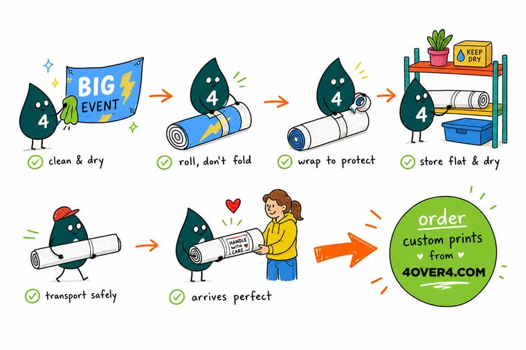 Wally, the 4OVER4 mascot with a 4, rolling a printed vinyl banner around a wide tube while a folded banner beside him shows a white crease line