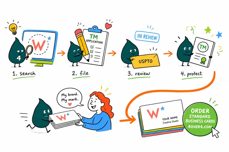 How To Trademark A Logo And Protect Your Brand explained by Wally, the 4OVER4 mascot holding a 4