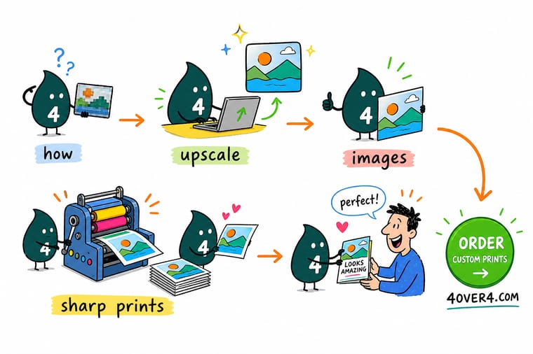 Wally, the 4OVER4 mascot with a 4, measuring a small photo against a large poster and counting the pixels it would need