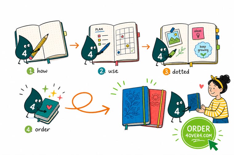 Wally, the 4OVER4 mascot holding a 4, showing a dot-grid notebook flipping between a planner, a sketch, and a branded cover