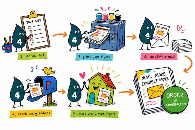 Wally, the 4OVER4 mascot, sorting printed mail pieces into trays beside a mailbox and a checked address list