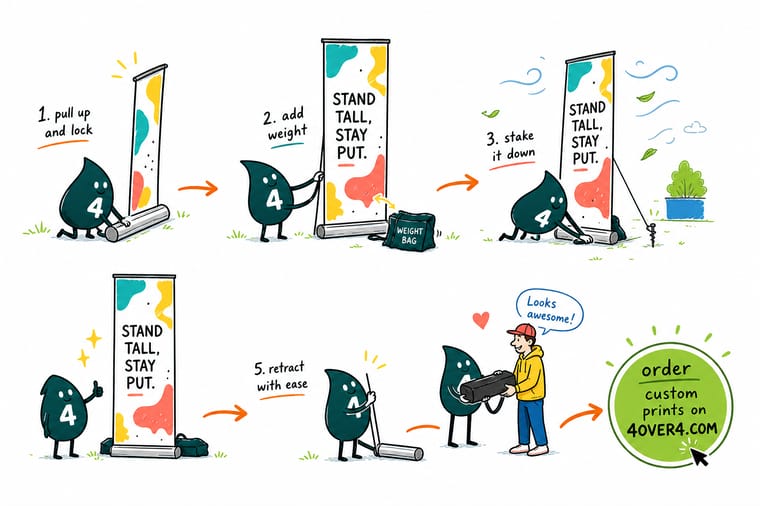 Wally, the 4OVER4 mascot with a 4, bracing a retractable banner stand in the wind and dropping a sandbag on the far end of its rear support foot