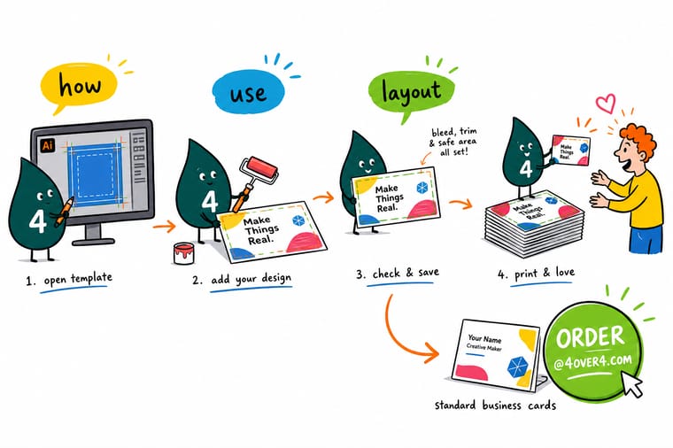 Wally, the 4OVER4 mascot holding a 4, explaining how to use layout templates in illustrator for print-perfect artwork