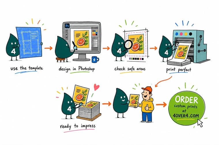 Wally, the 4OVER4 mascot with a 4, working in Photoshop with a locked template layer showing the bleed, trim, and safe zone on a business card