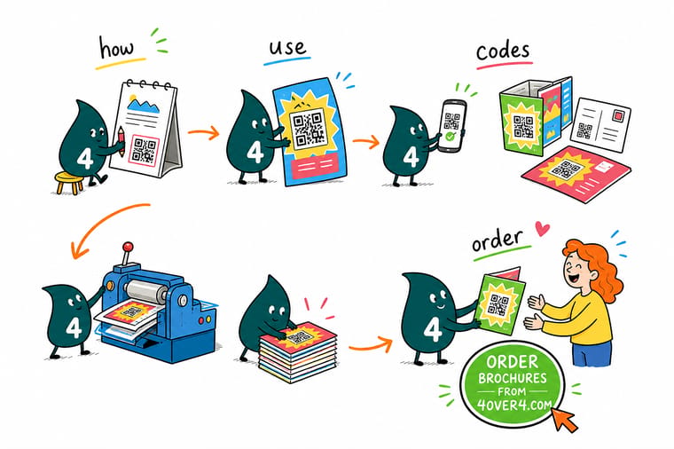 Wally, the 4OVER4 mascot with a 4, holding a phone that scans a QR code on a printed flyer