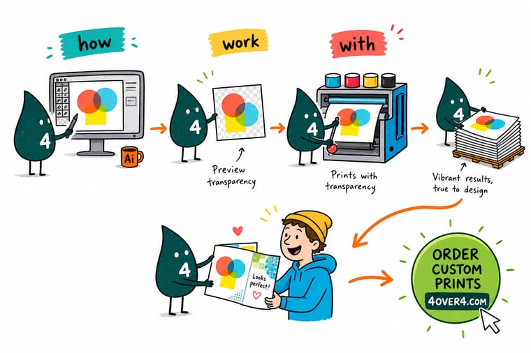 Wally, the 4OVER4 mascot with a 4, holding a layered artwork sheet where a soft drop shadow is being rebuilt as solid shapes for the press