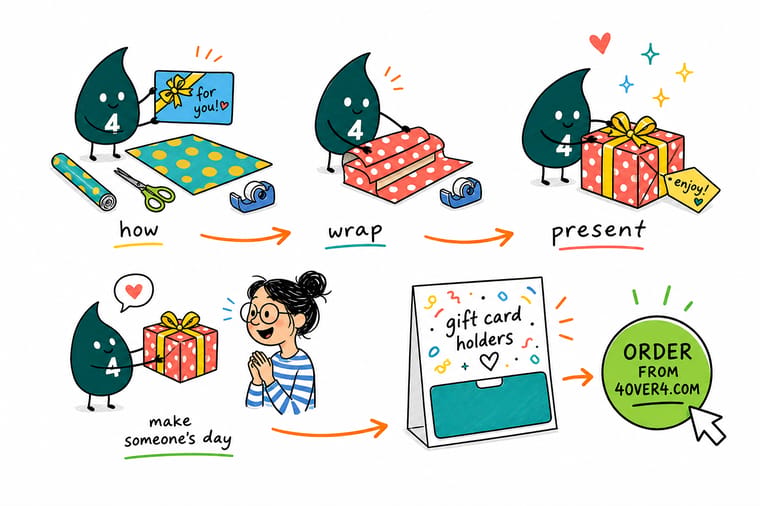Wally, the 4OVER4 mascot with a 4, tying a bow on a neatly wrapped present with a custom gift tag