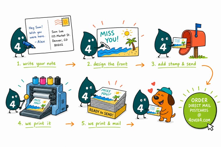 Wally, the 4OVER4 mascot holding a 4, filling out the message on the left and the address on the right of a postcard
